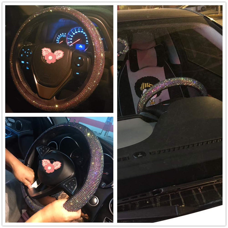  [AUSTRALIA] - Car Fuzzy Bling Steering Wheel Cover for Women Girls, Universal Colorful Rhinestone Bling Accessories Anti-Slip Wheel Protector, Black Standard size[14 1/2''-15'']