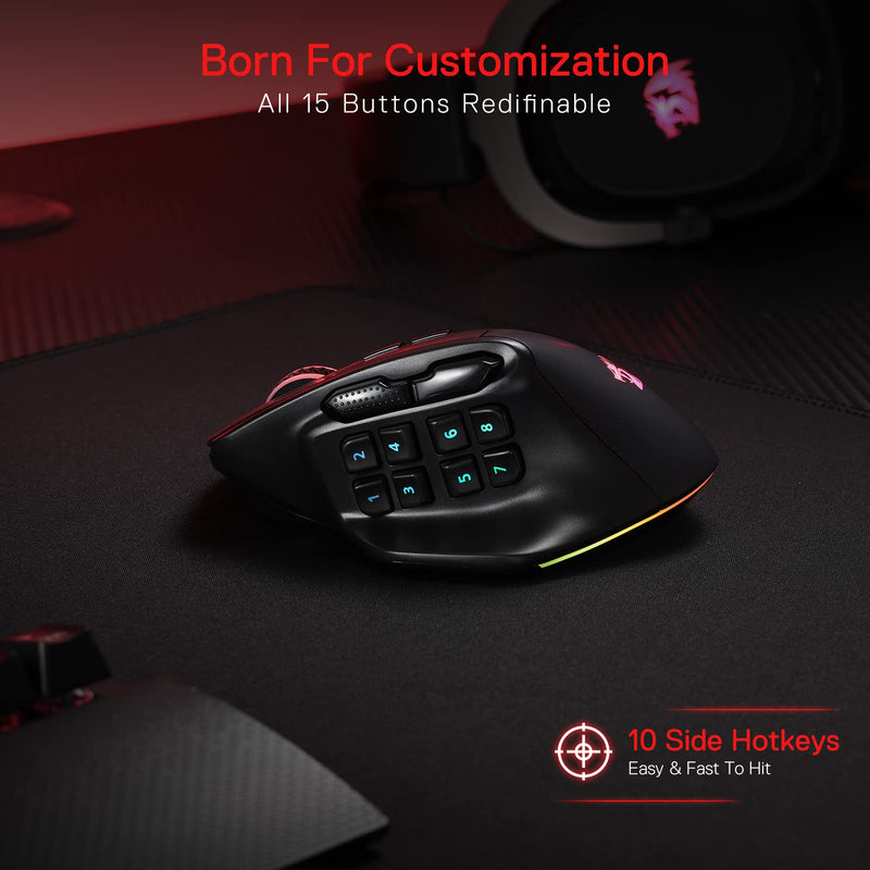  [AUSTRALIA] - Redragon M811 PRO Wireless MMO Gaming Mouse, 15 Programmable Buttons RGB Gamer Mouse w/Ergonomic Natural Grip Build, 10 Side Macro Keys, Software Supports DIY Keybinds & Backlit M811 Wireless Black