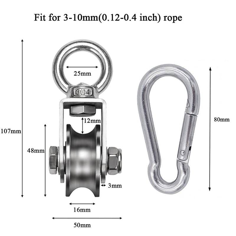  [AUSTRALIA] - Penkwiio Single Pulley Block 360 Degree Rotation Traction Wheel Stainless Steel Swivel Hook & Carabiner Heavy Duty for Washing Line/Rope Loading 500kg Gym 107mm+Carabiner