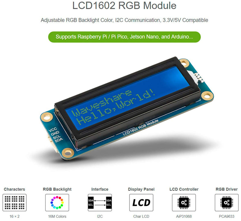 [AUSTRALIA] - for Arduino Raspberry Pi/Pi Pico Jetson Nano, LCD1602 RGB Module 16x2 Characters up to 16 Million Colors Adjustable RGB Backlight Color I2C Interface 3.3V/5V
