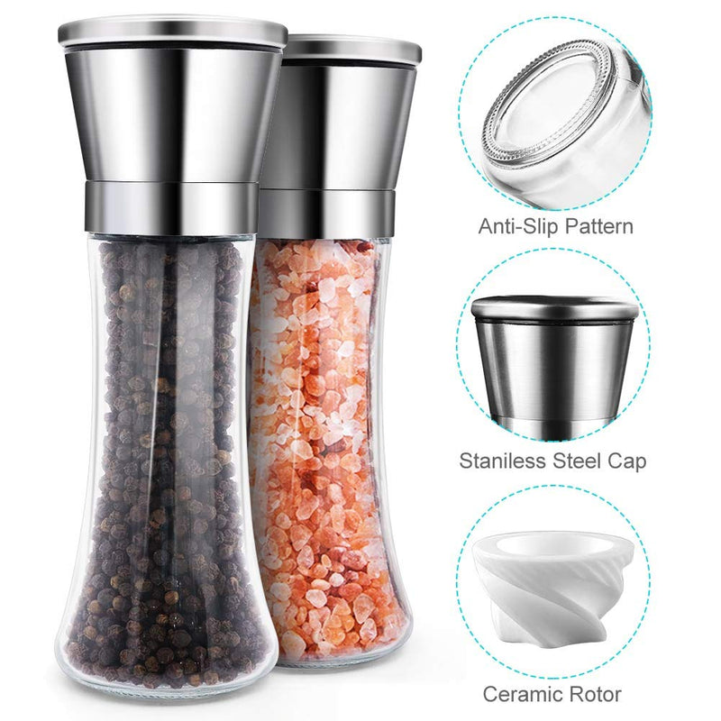  [AUSTRALIA] - Salt and Pepper Grinder (Set of 2), Adjustable Ceramic & Stainless Steel Mill Set, Glass Body Refillable Mill Shakers - Easy Clean Grinders with Silicon Funnel and Cleaning Brush