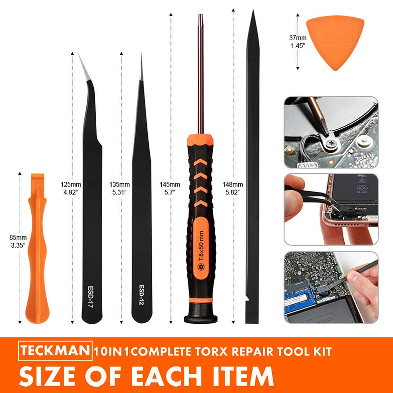  [AUSTRALIA] - TECKMAN 10 in 1 Torx Screwdriver Set with T3 T4 T5 T6 T8 T10 Security Torx Bit & ESD Tweezers,Magnetic Screwdrivers Precision Repair Kit for Xbox,PS4,Macbook,Computer,Doorbell & Folding knife