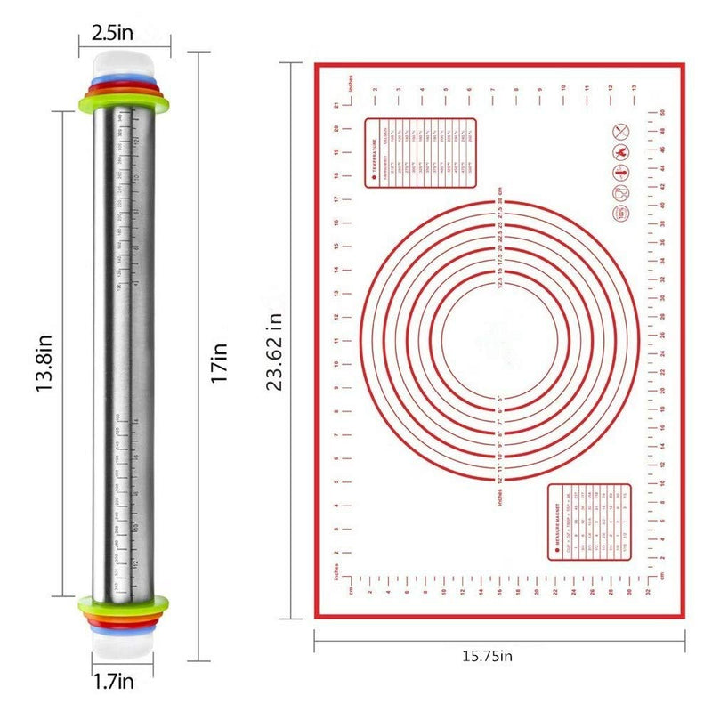  [AUSTRALIA] - Rolling Pin nonstick and Silicone Baking Pastry Mat combo kit, Adjustable Rolling Pin With Thickness Rings, Rolling Pin for Baking Fondant, Pizza, Pie, Pastry, Pasta, Dough, Cookies (Red baking mat) Red baking mat