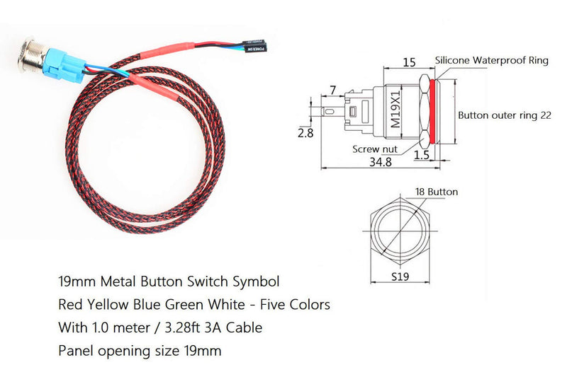 NOYITO 16mm 19mm Chassis Switch Host Metal Button Switch with 3.28ft 3A Extension Cable Red Yellow Blue Green White Switch Symbol Suitable for Computer DIY Switch - Upgrade (16mm Blue) 16mm Blue - LeoForward Australia