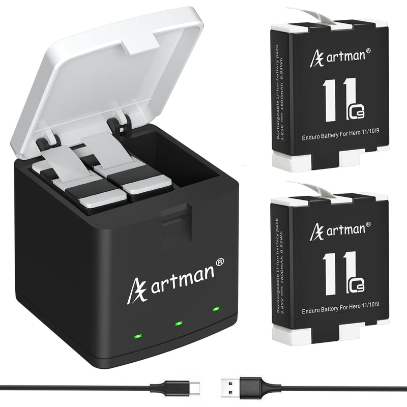  [AUSTRALIA] - Artman Enduro Battery 2-Pack and 3-Channel Charger Compatible with GoPro Hero 11 Black/Hero 10 Black/Hero 9 Black (1800mAh)