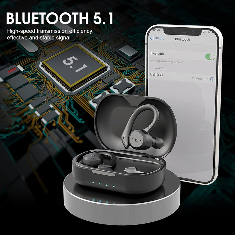  [AUSTRALIA] - Wireless Earbuds, Coucur Bluetooth 5.1 Sport Headphones in Ear with Detachable Earhooks, Bluetooth Earbuds with Immersive Sound, Wireless Earphones with Noise Cancelling Mic, IP7 Waterproof Headset Black