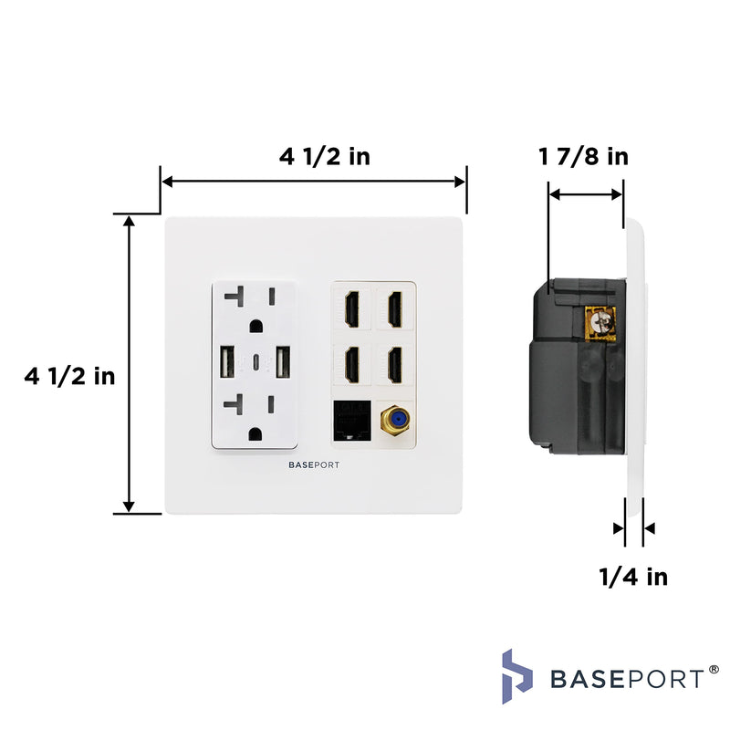  [AUSTRALIA] - BASEPORT Premium Media Outlet Wall Plate - 6.3A USB Wall Outlet 2 USB A 2.0 + 1 USB C 3.0, 15A Dual Power Outlet, 4 HDMI Keystone Jack, Coaxial + Cat6 Rj45 Ethernet Outlet - White Dual Gang Face Plate White | with USB C