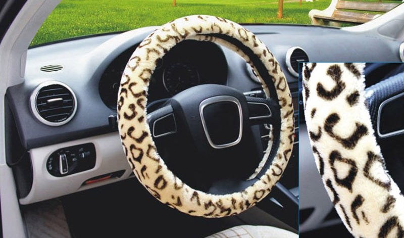  [AUSTRALIA] - Steering Covers,Stylish Leopard Print Short Plush Elastic Vehicle Steering Wheel Cover Non-Slip Auto Universal Car Wheel Protector Guard Trunk Car Accessories Beige+Drawstring Bag
