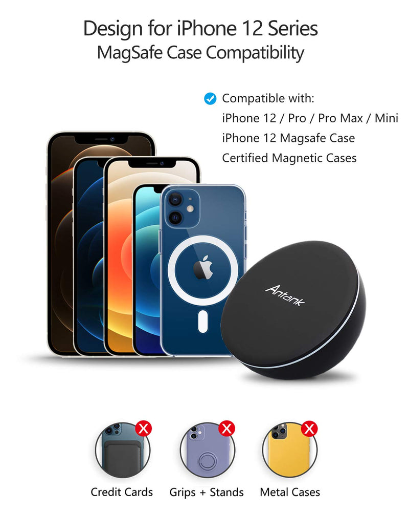  [AUSTRALIA] - Antank Magnetic Wireless Charger Compatible with iPhone 12/12 mini/12 Pro/12 Pro Max, Qi-Certified Fast Wireless Charger Charging Stand for iPhone 13 Series, USB C & USB A Port, No AC Adapter, Black 3.74*3.54*2.75