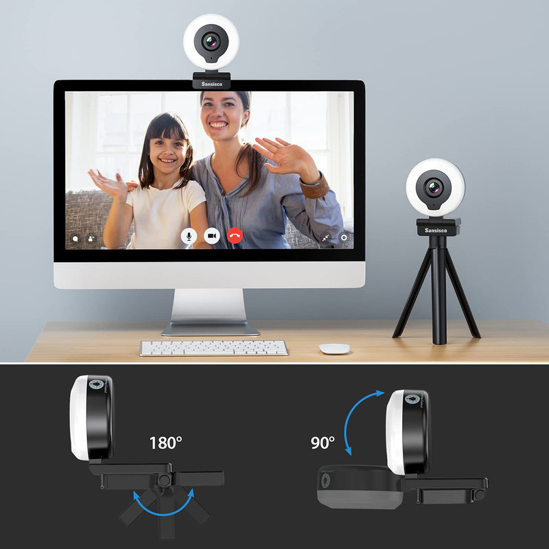  [AUSTRALIA] - Webcam with Ring Light, Sansisco AutoFocus FHD 1080P Webcam with Microphone, 2 Colors and 3-Level Brightness, Plug and Play Computer Camera, Streaming Web Camera for Laptop MacBook PC for Zoom, Skype