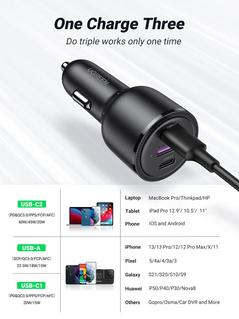  [AUSTRALIA] - UGREEN USB C Car Charger Fast Charging 69W - Type C Car Phone Charger PD 60W/20W, Car Charger Adapter SCP 22.5W QC 18W Comaptible with iPhone 13/12/11/iPad/MackBook, Pixel 5/4a, Galaxy S21/S20