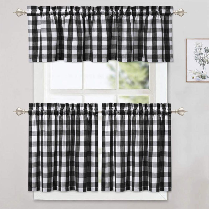  [AUSTRALIA] - CAROMIO Buffalo Plaid Gingham Pattern Rod Pocket Short Window Curtains for Kitchen Cafe Curtains Bathroom Window Curtains 24 Inches Long, Black and White Tiers|24"L