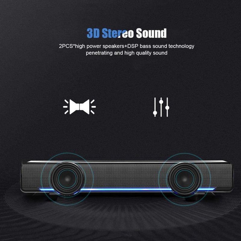  [AUSTRALIA] - USB Wired Stereo Soundbar Music Player,Portable Bass Surround Sound Box,3.5mm Input Soundbar with 3D Stereo Sound and LED Breathing Light for Desktop/Laptop/Smartphone/Tablet PC/MP3/MP4 Black