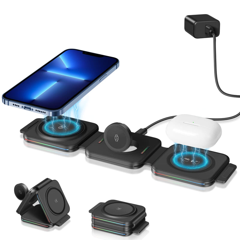  [AUSTRALIA] - 3 in 1 Wireless Charging Station, BOCLOUD Fast Mag-Safe Charger Stand [Portable & Foldable] Charger Pad with Color Light for iPhone 13/14/12/11/XR/XS/8 Series,Samsung S22/21/20, iWatch, AirPods Black