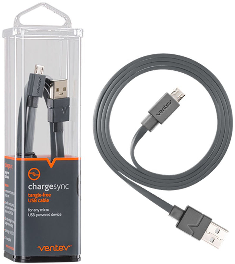 Ventev Chargesync Micro USB Cable | Convenient Charging from Any Standard USB Port, Transfer Data to Any PC or MAC, S2.1A Rapid Charging, Flat Cable Design for Tangle-Free Wrapping | 3ft Gray - LeoForward Australia