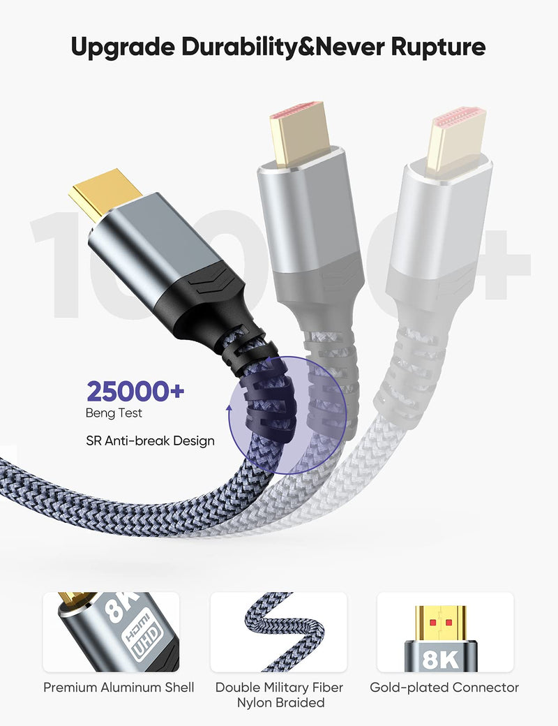  [AUSTRALIA] - 8K HDMI Cable 2-Pack 6.6FT, Highwings Slim Ultra High Speed HDMI Braided Cord-48Gbps,4K@120Hz 8K@60Hz, HDCP 2.2&2.3, Dynamic HDR,eARC,DTS:X,RTX 3090,Dolby Compatible with Roku TV/HDTV/PS5/Blu-ray 6.6 feet