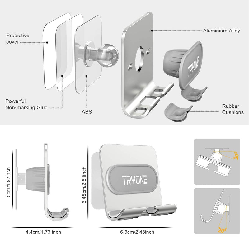  [AUSTRALIA] - Wall Mount Cell Phone Holder - Mirror Adjustable Cellphone Stand with 2Pcs Adhesive Sticky Pads for Bathroom Bedroom Kitchen or Dorm, Compatible with iPhone Series or Other Smartphones Silver