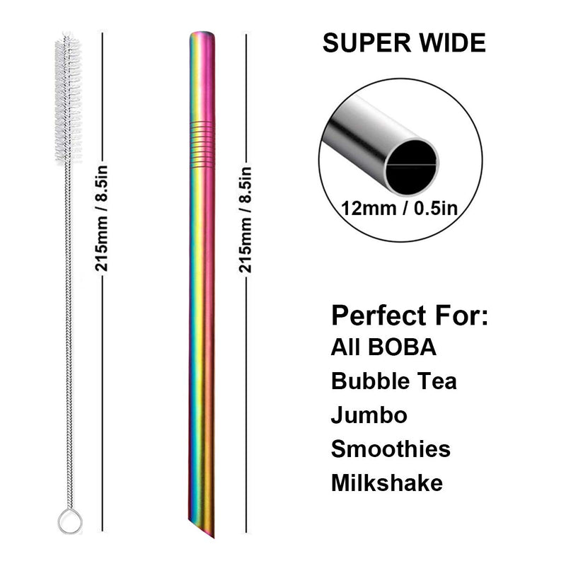  [AUSTRALIA] - Reusable Boba Smoothie Straw Rainbow Metal Straws Wide Thick Fat Angled Tip Sharp End Milkshake Jumbo Bubble Tea Straws With Carry Case Bag Silicone Tips Cleaning Brush 12mm 0.5in 4 Pack 0.5" x 8.5"-Colorful-4 Pcs