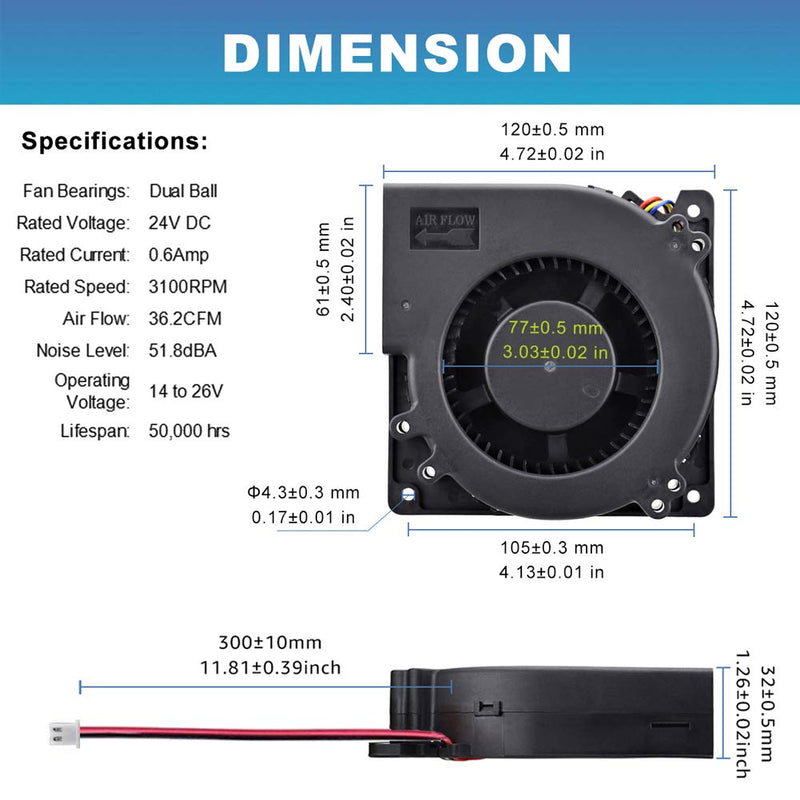  [AUSTRALIA] - GDSTIME Brushless Radial Blower Fan High Speed 24V DC Centrifugal Fan 120mm x120mm x 32mm