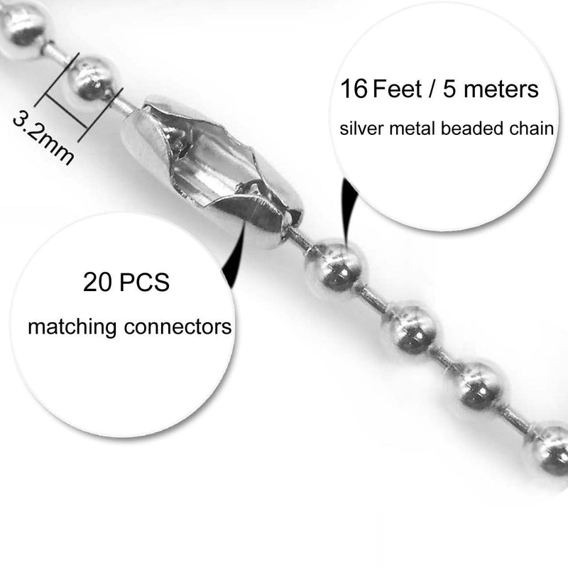  [AUSTRALIA] - Metal Fan pull chain extension, ceiling fan chain connector,Diameter 3.2mm 16 Feet Long with 20 PCS Connector (Silver)