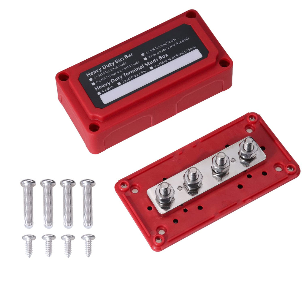  [AUSTRALIA] - ZOOKOTO 48V 300A Bus Bars Heavy Duty Module Design Power Distribution Block Busbar Box with 4X M8(5/16"") Terminal Studs or Marine RV Trucks Red 4XM8 Red