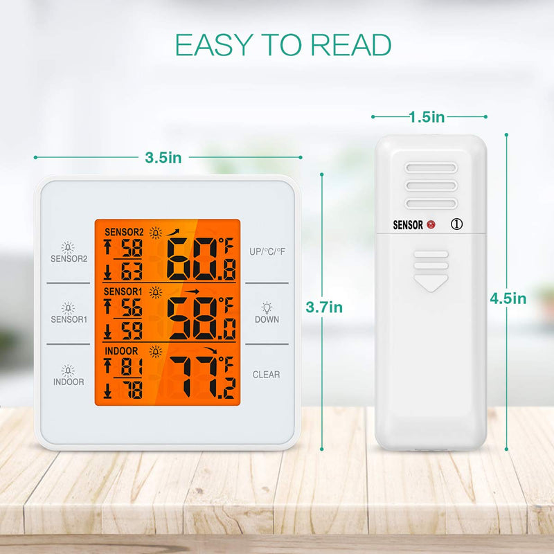  [AUSTRALIA] - ORIA Refrigerator Thermometer, Freezer Thermometer with 2 Wireless Sensors Indoor Outdoor Digital with Touchscreen and Backlight, Audible Alarm LCD Display Temperature for Home, Restaurants, Bars 3.7 inch
