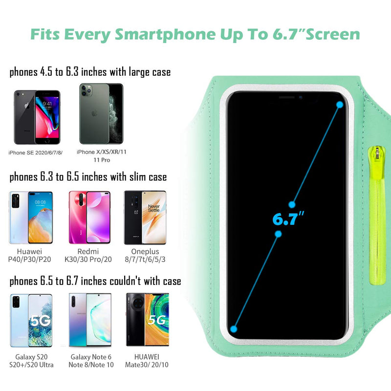 Cell Phone Armband with Zipper Pocket for Car Key Running Armband for iPhone 11 Pro Max/XR 8 Plus/7 Plus, Galaxy S20+/S10/S9, Sweat Resistant Sports Armband Airpods Bag, Up to 6.7 in Phone for Sports Mint Green (Up to 6.7'') - LeoForward Australia