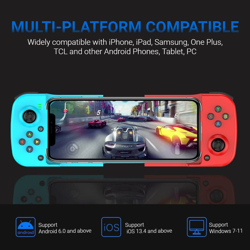  [AUSTRALIA] - Mobile Game Controller for iOS iPhone 14/13/12/11/X, iPad, MacBook, Android Samsung, TCL, Tablet, PC, Steam Deck, Wireless Gamepad Joystick for Call of Duty, Apex, with Macro Programming -Direct Play Blue&Red