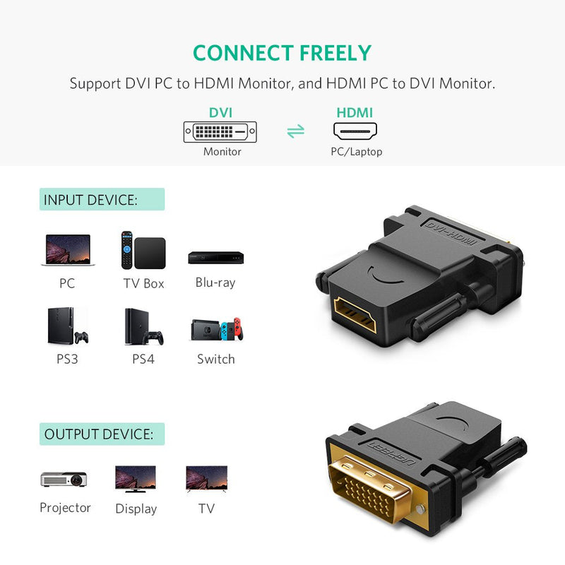  [AUSTRALIA] - UGREEN DVI to HDMI Adapter Bi-Directional DVI Male to HDMI Female Converter, DVI-D 24+1Male to HDMI Female High Speed Adapter Converter Gold Plated Support 1080P for HDTV Plasma DVD Projector Computer