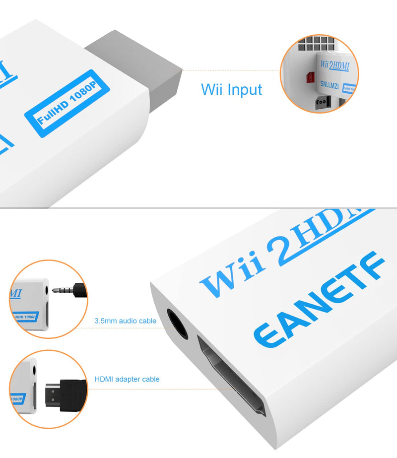  [AUSTRALIA] - Eanetf Wii to HDMI Converter, Wii to HDMI 1080P with 5ft High Speed HDMI Cable Wii2 HDMI Adapter Output Video&Audio with 3.5mm Jack Audio, Support All Wii Display 720P, NTS
