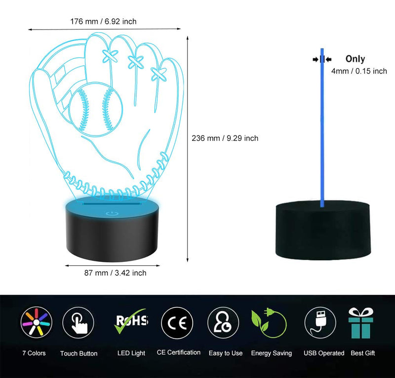  [AUSTRALIA] - 3D Illusion Desk Lamp Baseball Glove Model, YKLWORLD LED USB Touch Button 7 Color Changing Lights Night Light for Baby Nursery, Best Gift Toys for Kids Friends Birthday Home Bedroom Decor Lighting