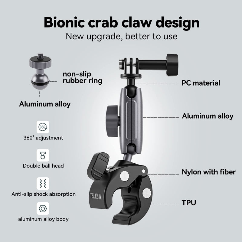  [AUSTRALIA] - Camera Clamp Mount, Aluminum Dual Ball Head Super Claw Monitor Gripper Magic Arm, Bicycle Bike Motorcycle Handlebar Bar Clip Holder for GoPro Insta360 DJI Action 2 Mirrorless SLR