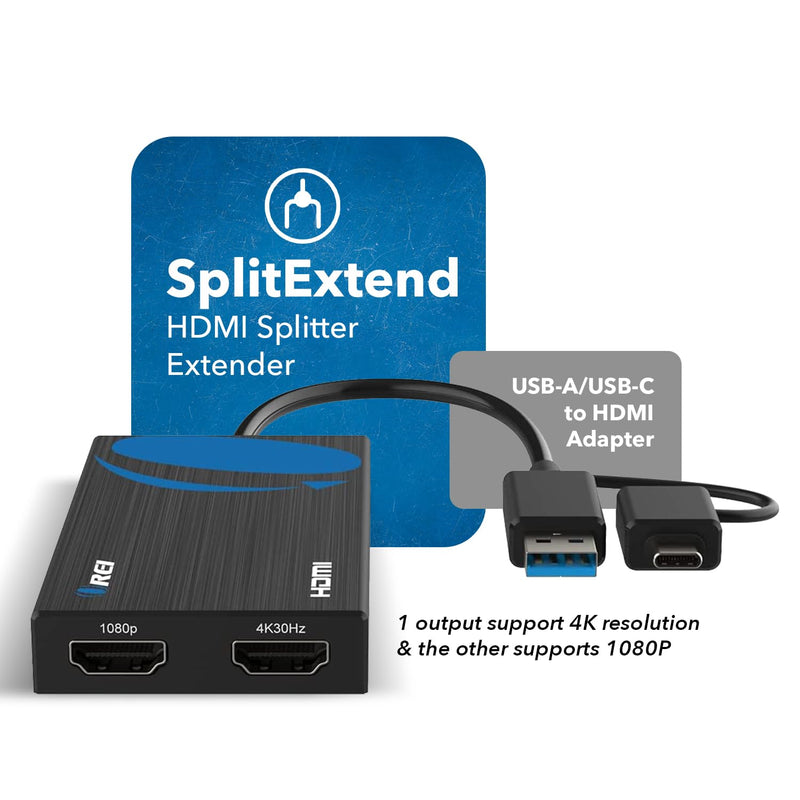  [AUSTRALIA] - OREI SplitExtend HDMI Splitter Extender for Dual Video Monitor Extended Display - USB & USB-C to HDMI Adapter 4K @ 30Hz Display 1 1080p Display 2 - Supports Windows, Mac OS Black