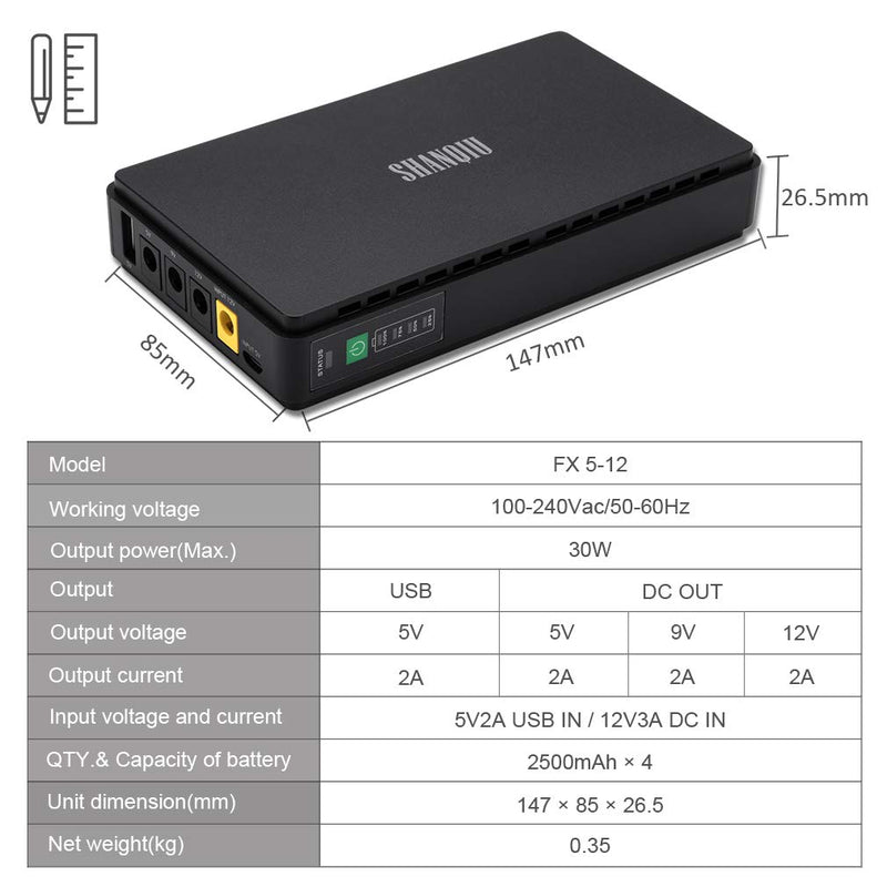  [AUSTRALIA] - Mini UPS Battery Backup Uninterruptible Power Supply for WiFi, Router, Modem, Security Camera with Built-in 10000mAh Power Bank with Input DC/USB Output USB 5V DC 5V/9V/12V 2A 37Wh-DC 10000mAh