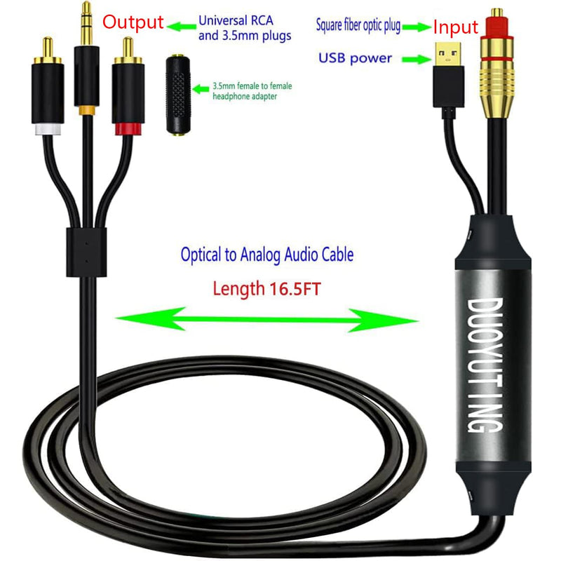  [AUSTRALIA] - Digital Optical to Analog 3.5mm AUX Audio Cable, Optical to 2 RCA Adapter, All-in-one D/A Audio Converter, for TV/PS4/Xbox/DVD SPDIF/TOSLINK/Optical Port to Sound Box Amplifier Headphones（16.5FT) 16.5FT Digital Optical to Analog