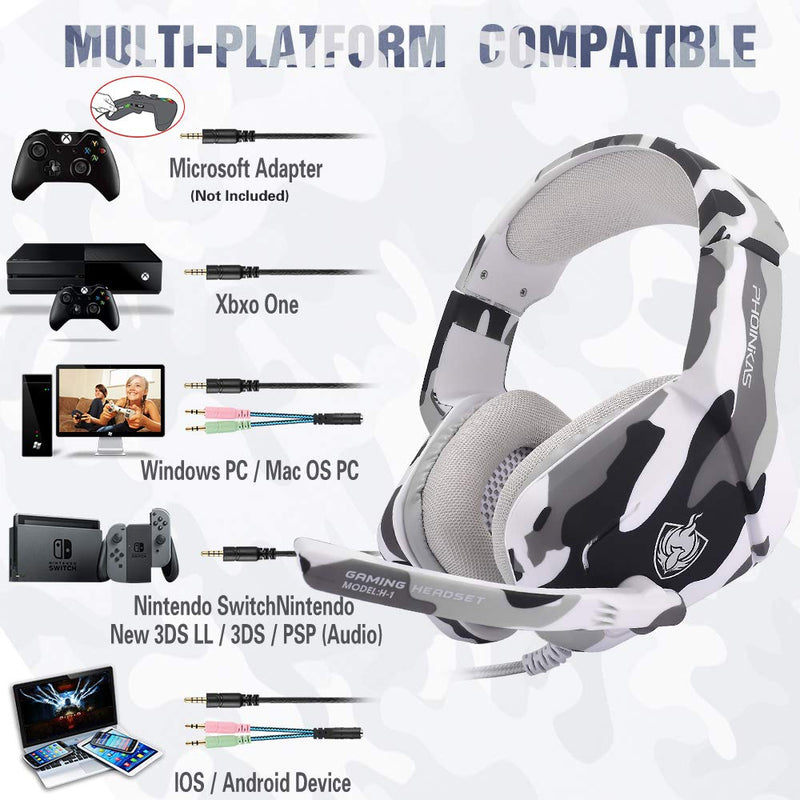  [AUSTRALIA] - Gaming Headset for PS4, Xbox One, PC, Laptop, Mac, Nintendo Switch, PHOINIKAS 3.5MM PS4 Headset with Mic, Over Ear Headset, Noise-Cancelling Headset, Bass Surround, LED Light, Comfort Earmuff - Camo 5.1 Surround White Camo