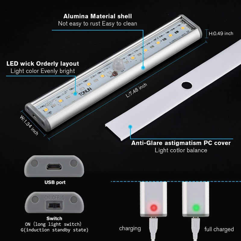 Wireless Motion Sensor Cabinet Light Drawer Closet Lights,USB Rechargeable 10 LED Cabinet Lighting,Magnetic Removable Stick-On Anywhere for Wardrobe/Stairs/Closet/Drawer, Warm White, 2 Pack Black-warm White Light - LeoForward Australia