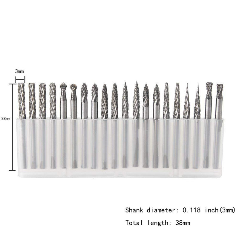 YUFUTOL 20pcs Solid Carbide Burr Set 0.118‘’（3mm）Shank Tungsten Carbide Rotary Files Burrs with 3mm Cutting Head Diameter Fits Most Rotary Drill Die Grinder for Woodworking,Engraving,Drilling,Carving - LeoForward Australia