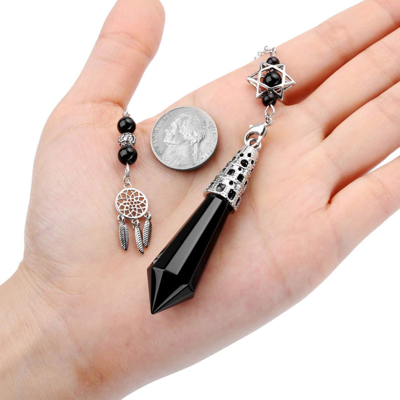  [AUSTRALIA] - Top Plaza 12 Facted Black Obsidian Healing Crystal Dowsing Pendulum Necklaces for Divination Reiki Wicca Witchcraft Supplies Balancing Pointed Pendant Pendulum with Dream Catcher Hexagram Charm Black Obisdian
