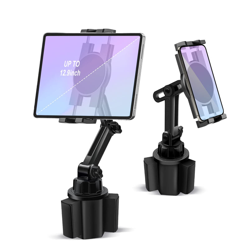  [AUSTRALIA] - Cup Holder Car Tablet Mount, 360° Adjustable 2-Arm Stand Holder for iPad Pro 12.9/11/10.5/9.7/Air/Mini 6/5/4, Samsung Galaxy Tab/Z Fold 4/3, Amazon Fire HD, iPhone 14/13/Pro, 4.7-12.9" Tab & Phone Black