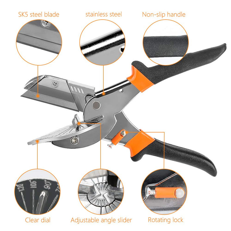  [AUSTRALIA] - Multi Angle Miter Shear Cutter, Jhua 8'' Multifunctional Trunking Shears Hand Tools 45 Degree To 135 Degree Miter Shears Cutting Tool with 10 Spare Blades for Cutting Chamfer, Soft Wood, Plastic, PVC