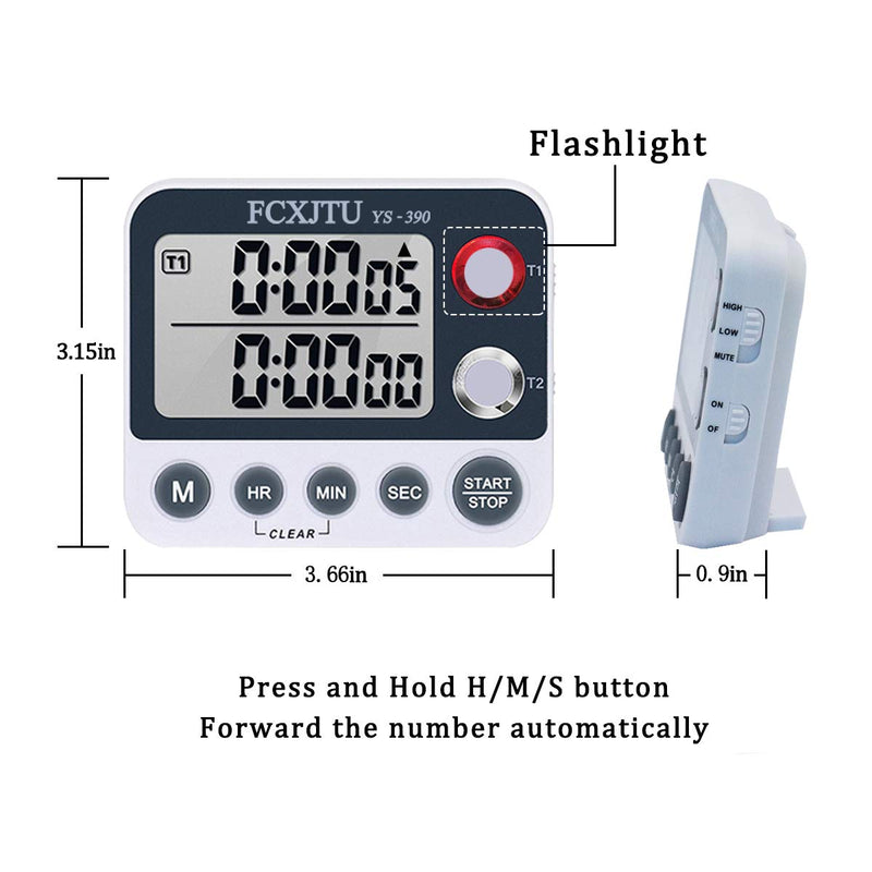 FCXJTU Digital Dual Kitchen Timer, Dual Count UP/Down Timer, Cooking Timer, Stopwatch, Large Display, Adjustable Volume Alarm and Flashing Light with Magnetic Back, Stand, Battery Included (White) YS390 White Grey - LeoForward Australia