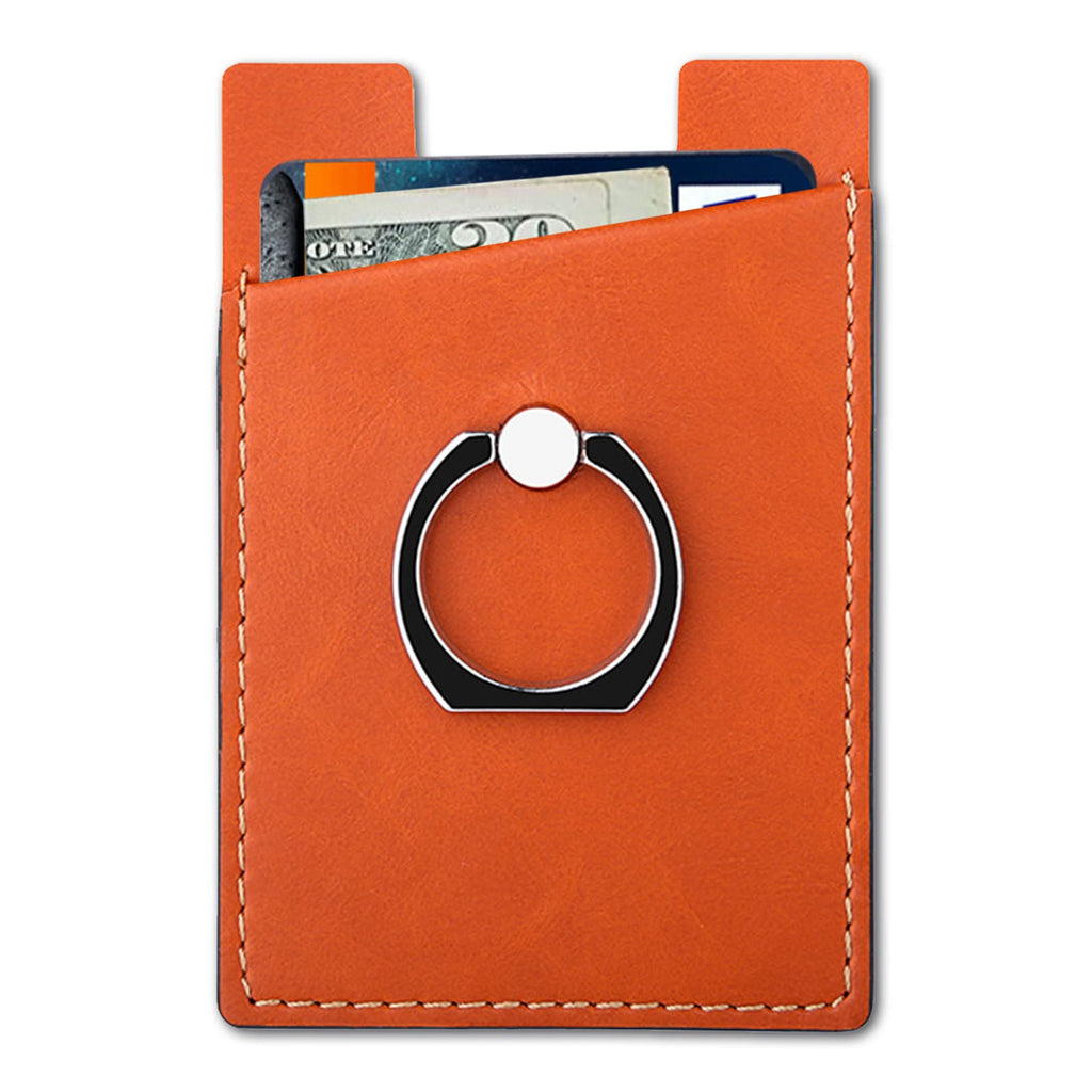  [AUSTRALIA] - Phone Card Holder with Phone Ring, Ring Wallets Combine a Finger Grip, Phone Ring Stand & Credit Card Sleeve into Thin Phone Wallets Stick On Universal to Any Cell Phone - Orange Leather