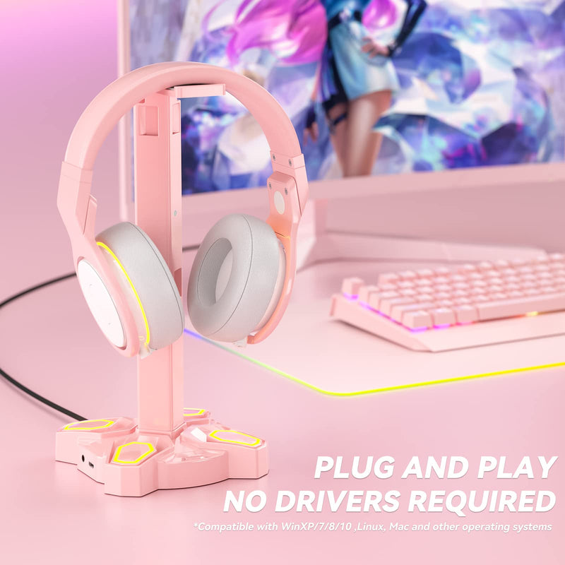  [AUSTRALIA] - KDD RGB Headphone Stand with 9 Light Modes - Rotatable Pink Game Headset Holder with 3.5mm AUX & 2 USB Port - Suitable for PC Desk Accessories Gamers Gift(Pink)