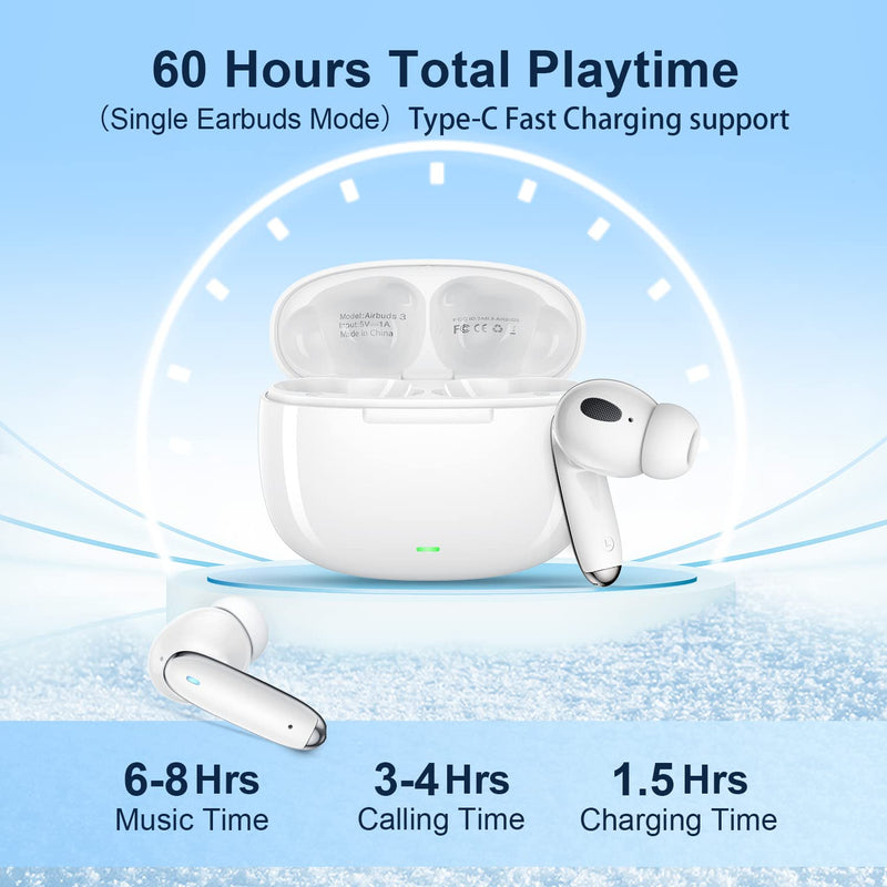  [AUSTRALIA] - Wireless Earbuds Bluetooth Earbuds with Deep Bass Bluetooth Headphones Noise Cancelling Ear Buds 60Hrs Playtime in-Ear Earphones with Mic for iPhone/Android/Pods White