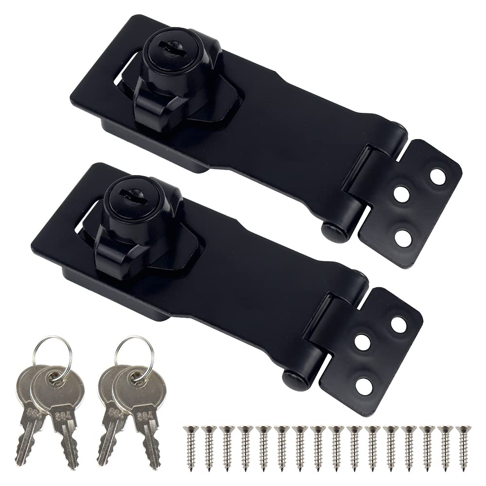  [AUSTRALIA] - 2PCS 4 Inch Keyed Hasp Lock Twist Knob Keyed Locking Hasp with 2 Keys and Mounting Screws for Small Doors Matte, Trunks, Cabinet Knob Lock(Black, Each 2 Keys)