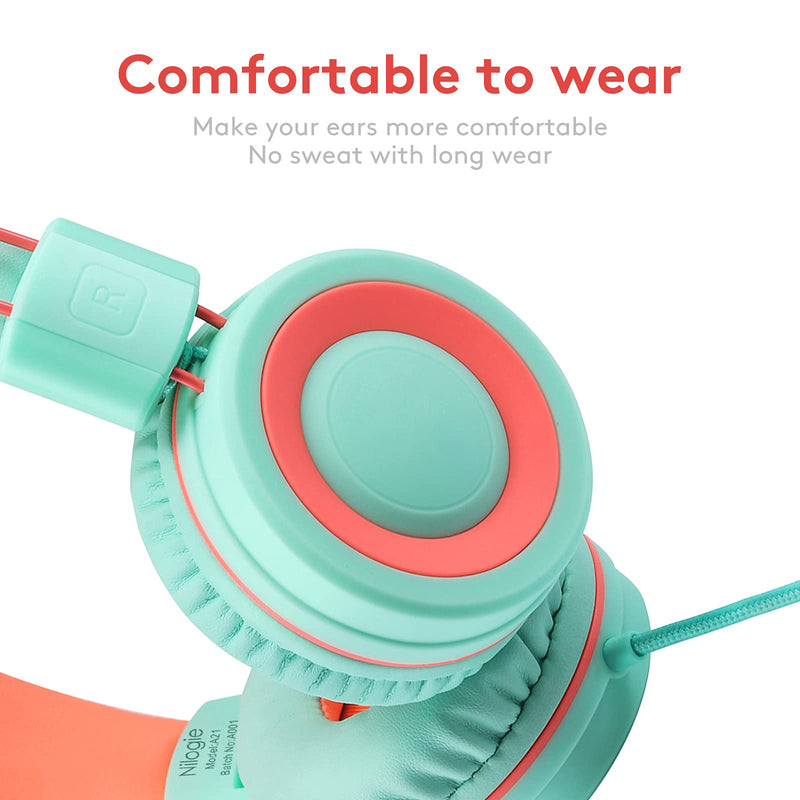  [AUSTRALIA] - Nilogie A21 Kids Headphones for School/PC/Cellphone/Airplane Travel with 3.5mm Jack Children Boys Girls Foldable Wired On-Ear Headset (Mint Coral) Mint Coral