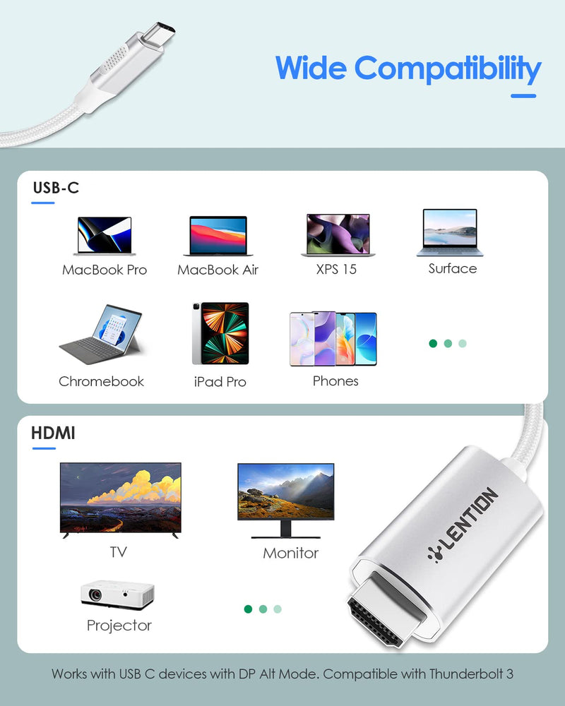  [AUSTRALIA] - LENTION 6FT USB C to HDMI 2.0 Cable Adapter (4K/60Hz) Compatible 2021-2016 MacBook Pro, New iPad/Surface/Mac Air, Samsung S21/S20/S10, Note 21/20/10, Stable Driver Certified (CB-CU707-2M, Sliver) 6 Feet Silver