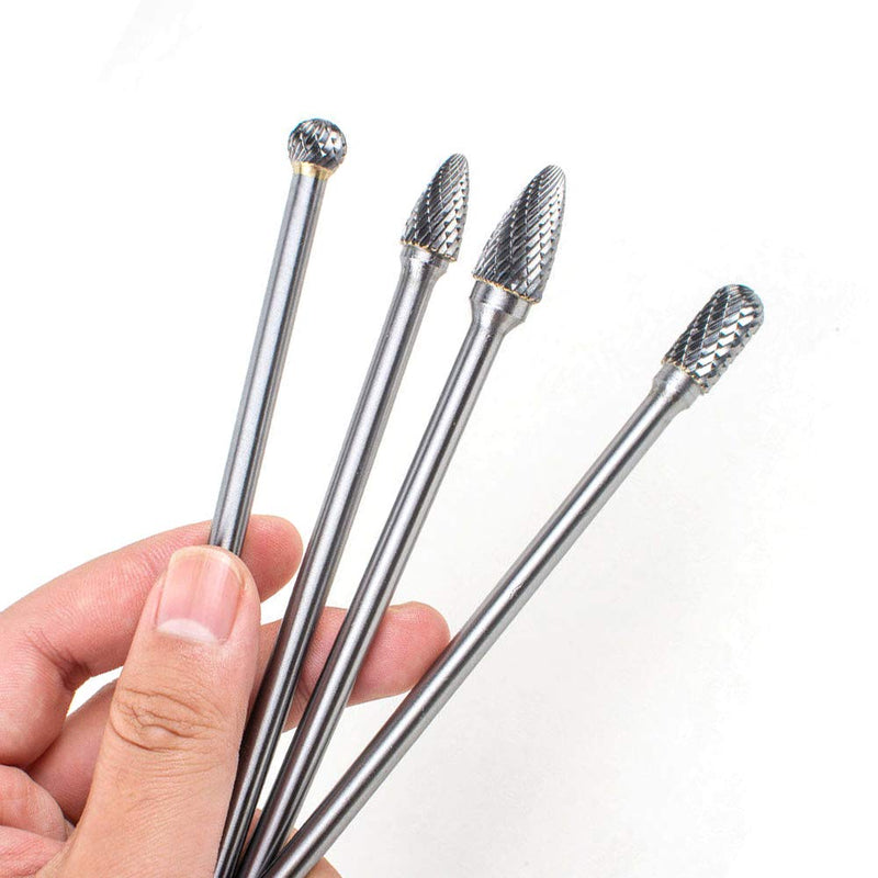 Mesee Set of 4 Tungsten Carbide Rotary Burrs, 6 Inch Long Double Cut Rotating Burr with 6mm Shank Files Rasp Bit Tools Kit for DIY Woodworking Metal Carving Polishing Engraving Drilling - LeoForward Australia