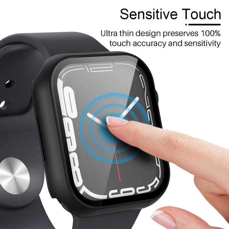  [AUSTRALIA] - TAURI 2 Pack Hard Case Designed for Apple Watch Series 8/7 45mm, Built-in 9H Tempered Glass Screen Protector, [Full Protection] [Touch Sensitive] Slim Bumper [HD Clear] Cover for iWatch 45mm-Black Black